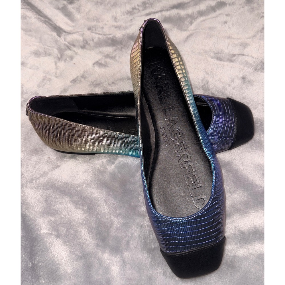 Karl Lagerfeld Paris Zayna Iridescent Ombre Square Toe Ballet Flats 6M Blue Gold